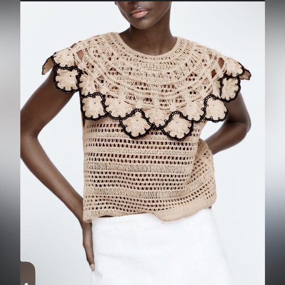 Zara Tops - Zara Beige and Black Crochet Blouse